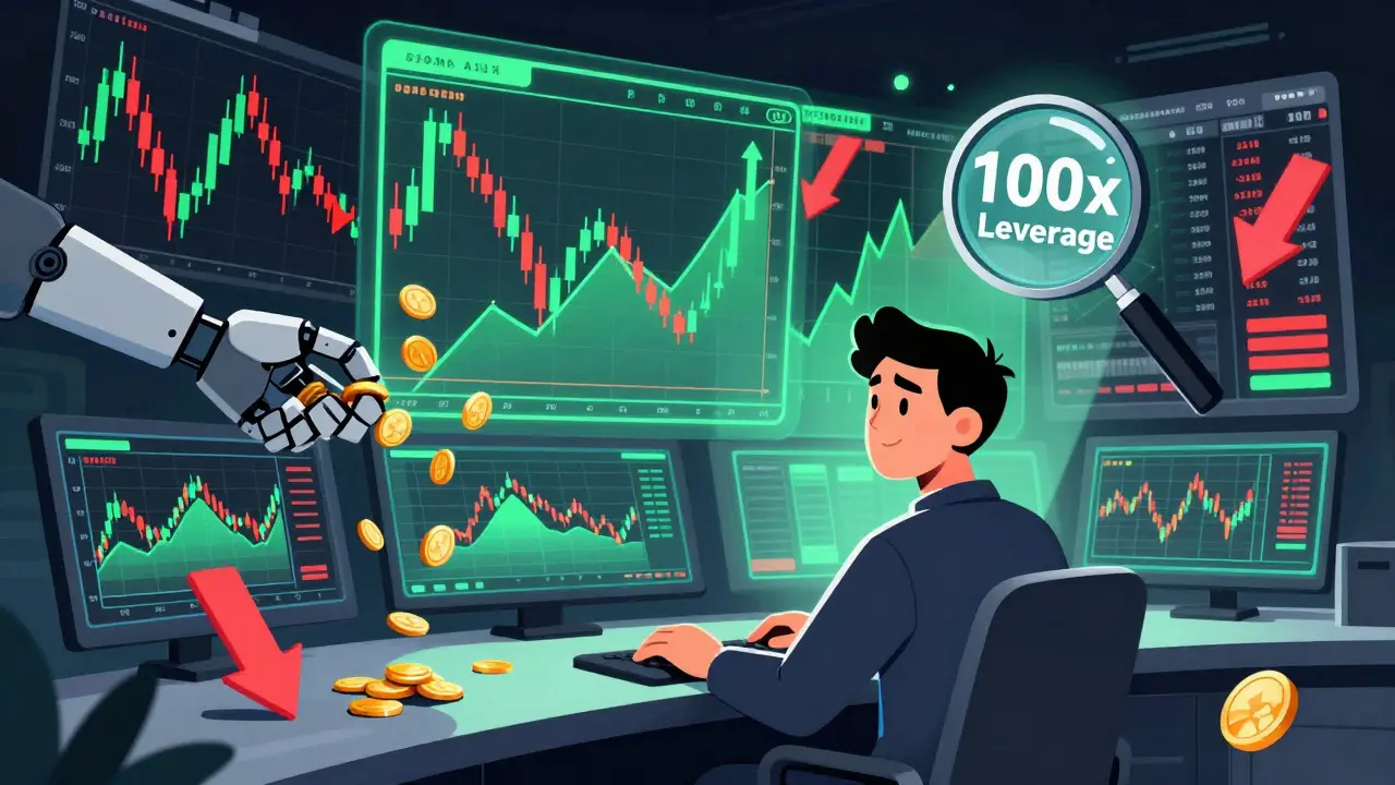 Comic style trader analyzing charts with leverage and fee symbols in a tech room