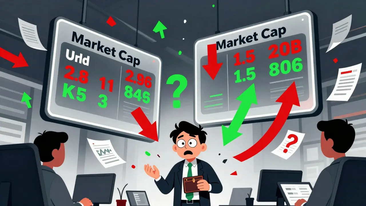 Confused investor looking at conflicting market data screens