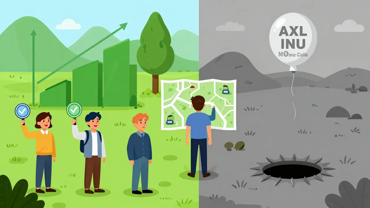 Illustration comparing a safe crypto project versus a dangerous scam trap