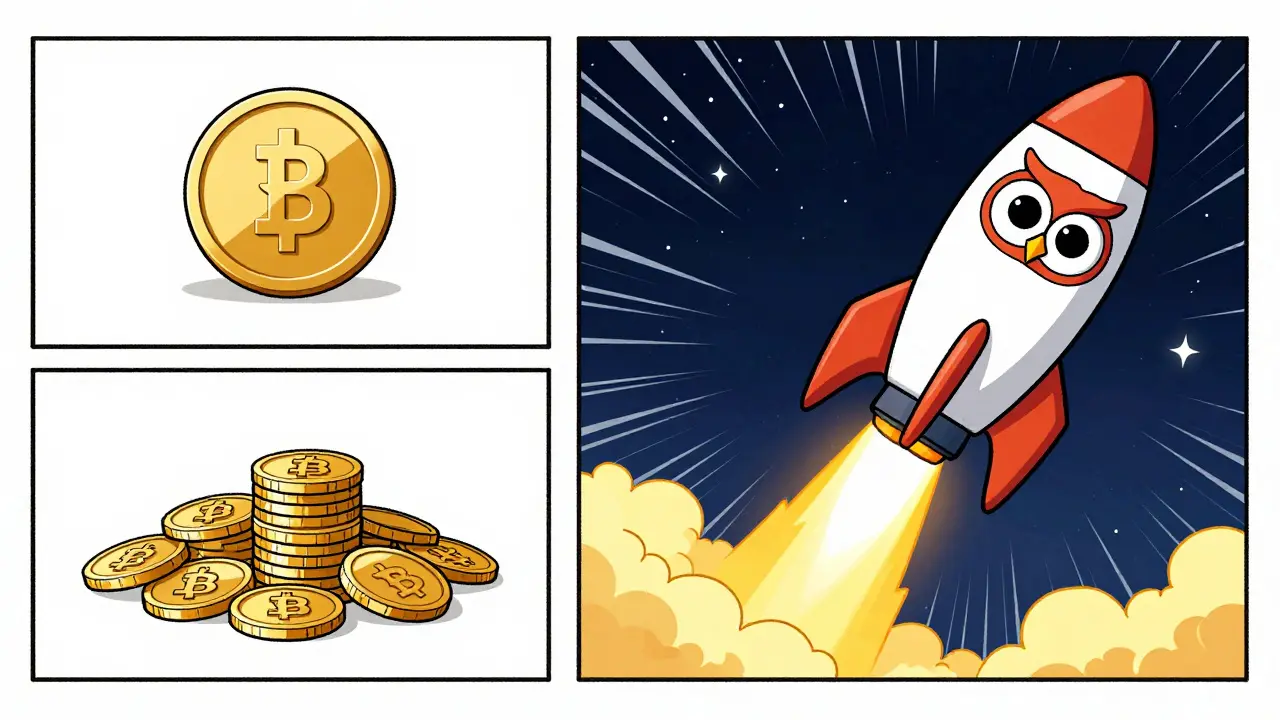 Illustration comparing small coin pile to a rocket launching into space