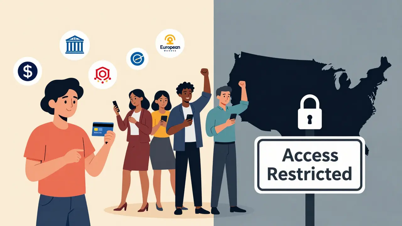 Illustration depicting easy fiat deposits in Europe and access restrictions for US users.
