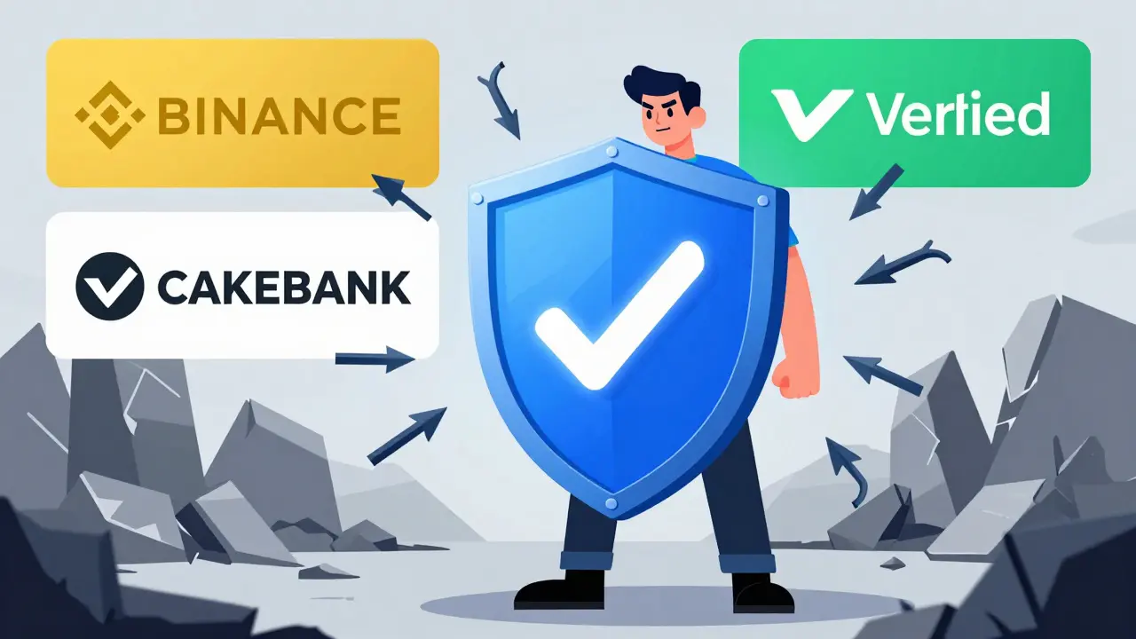 Illustration of a shield protecting a crypto wallet from scams