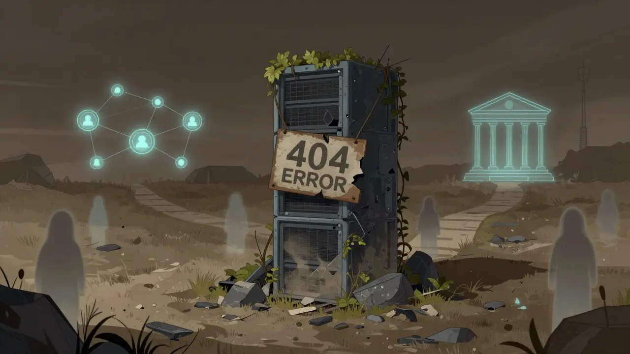 Illustration of abandoned server and ghostly users after exchange crash