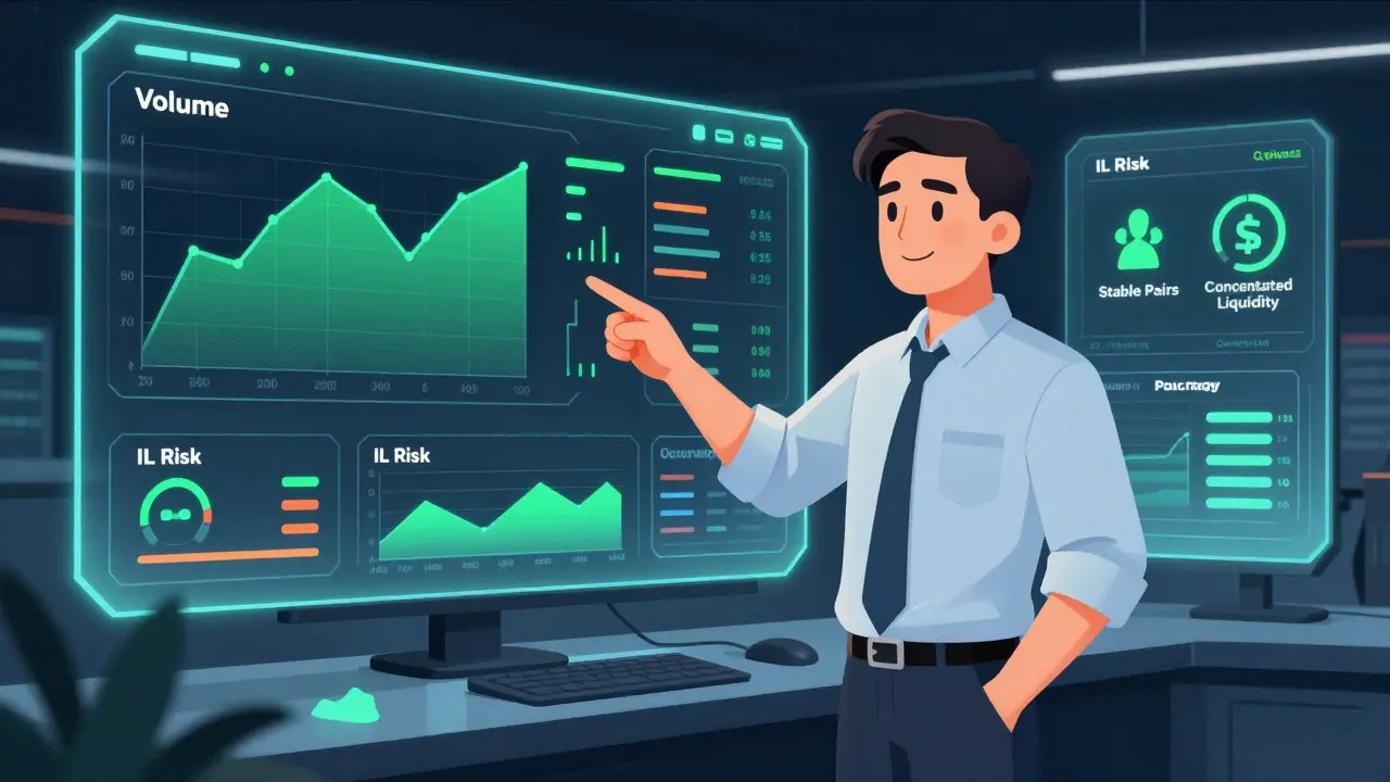 Illustration of an analyst using tools to manage DeFi liquidity risks and fees
