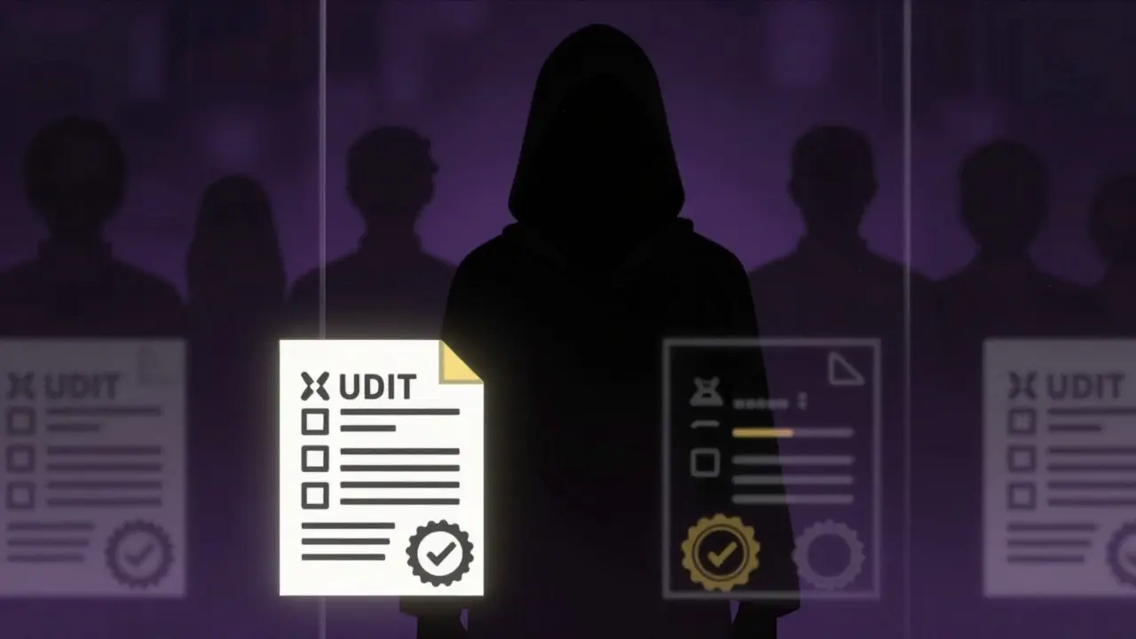 Illustration of an anonymous figure behind glass with faint audit docs.