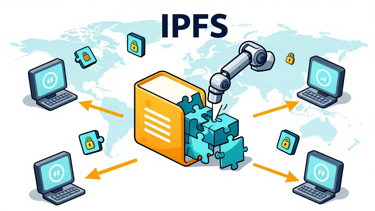 Illustration of files being chunked and hashed across a peer-to-peer network