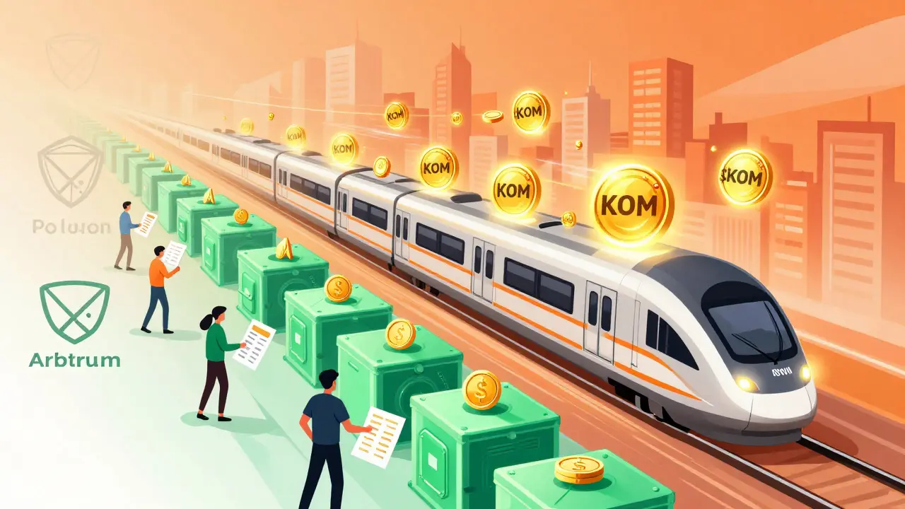 Illustration of KOM token migration to BNB Chain with staking benefits.