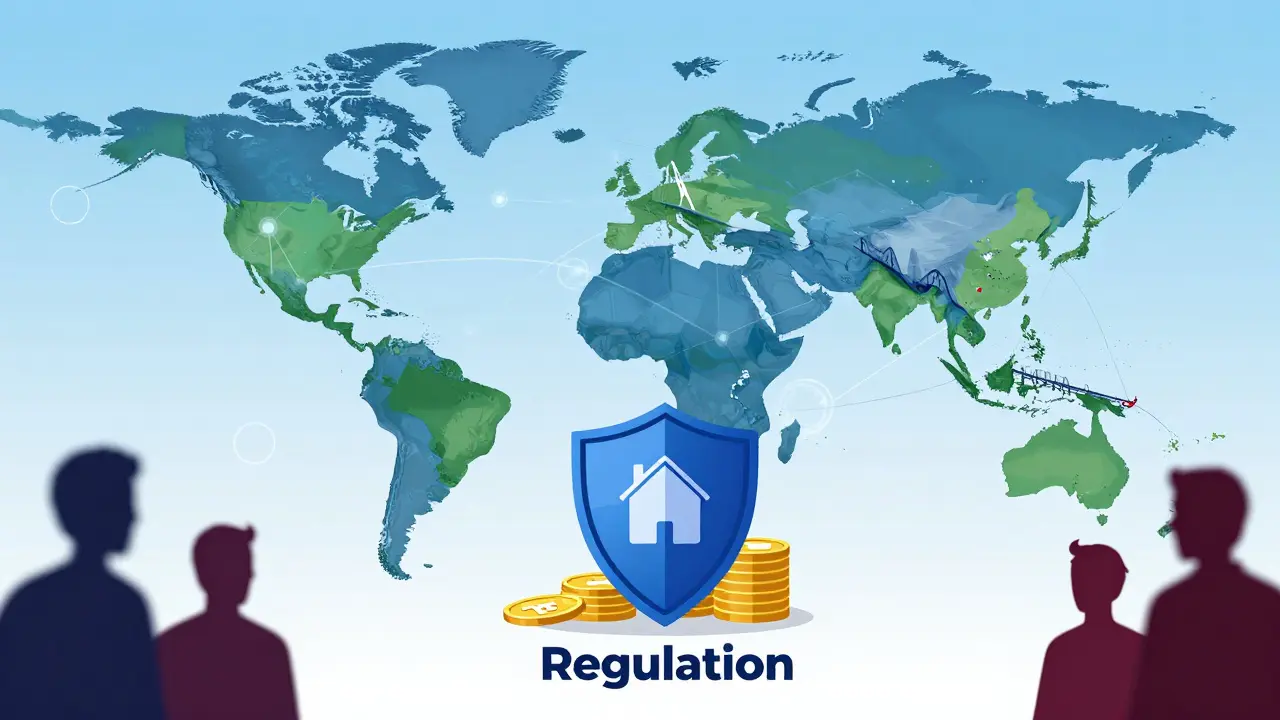 Illustration of regulated, secure digital real estate tokens on a global map