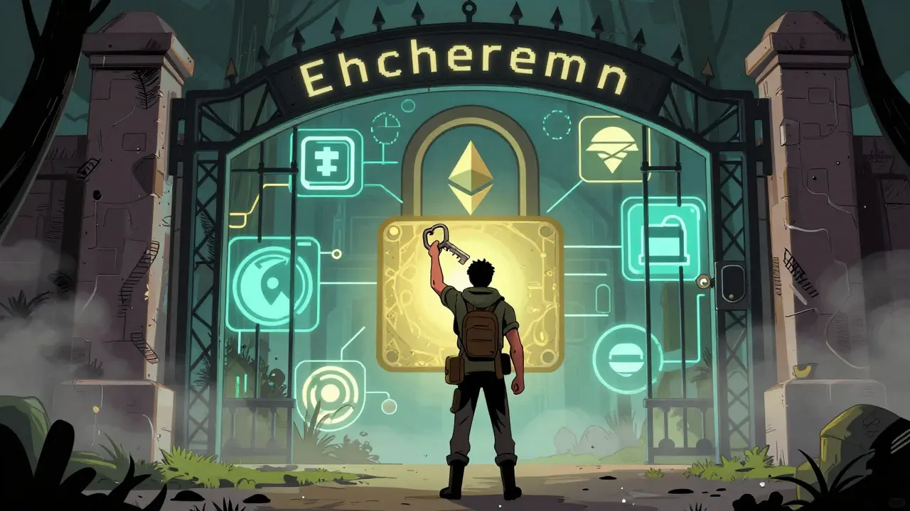 Illustration of trader facing a locked digital crypto gate