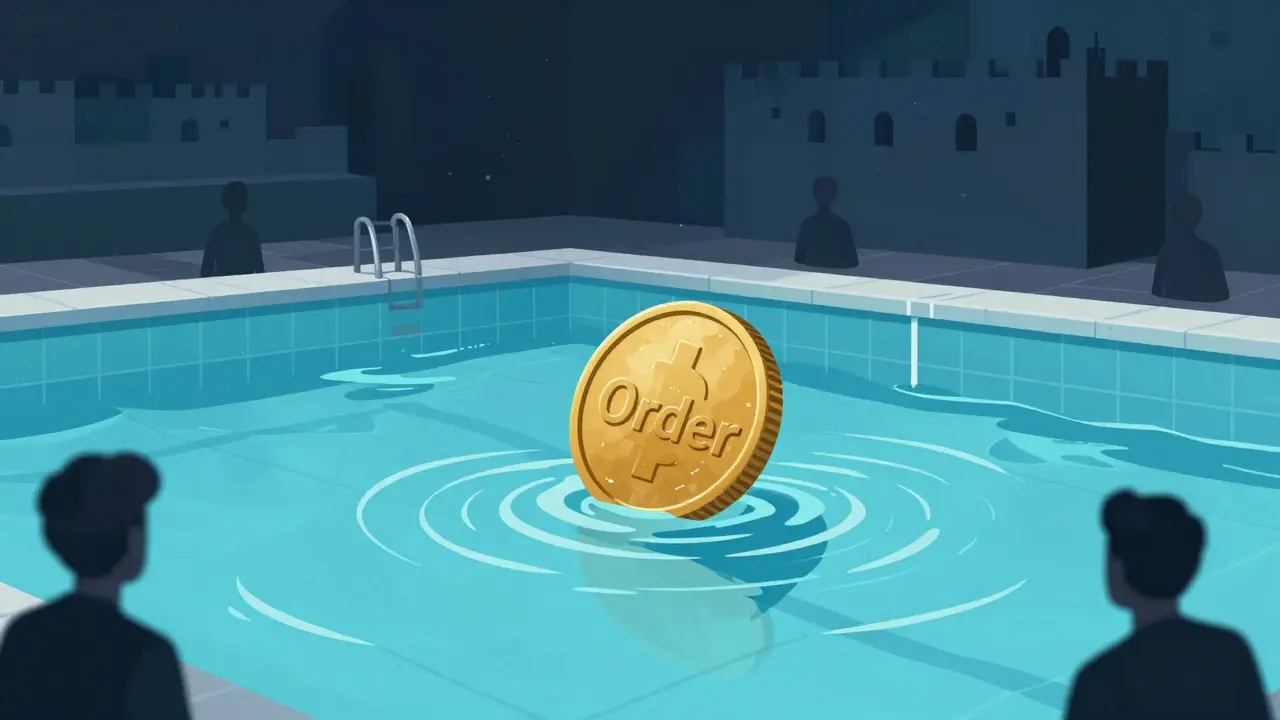 Illustration showing shallow liquidity pool with a large coin causing slippage ripples