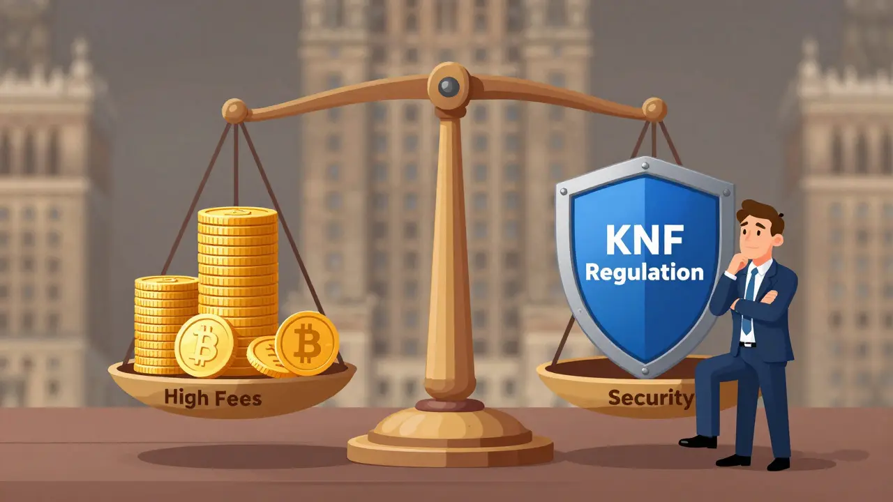 Illustration weighing high fees against regulatory security and safety