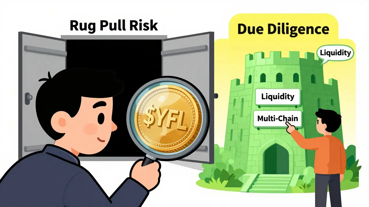 Investor inspecting risky YFL token near a trapdoor in illustration