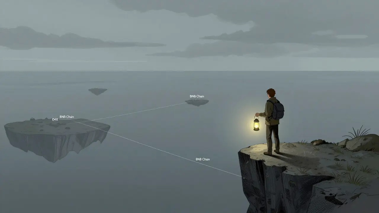 Lone explorer standing on a cliff overlooking a fragmented digital void