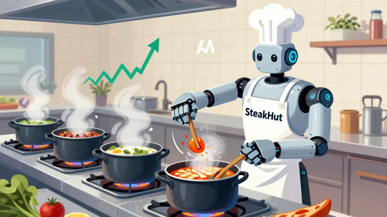 Robot chef automating liquidity pools in a kitchen, representing SteakHut Finance protocol.