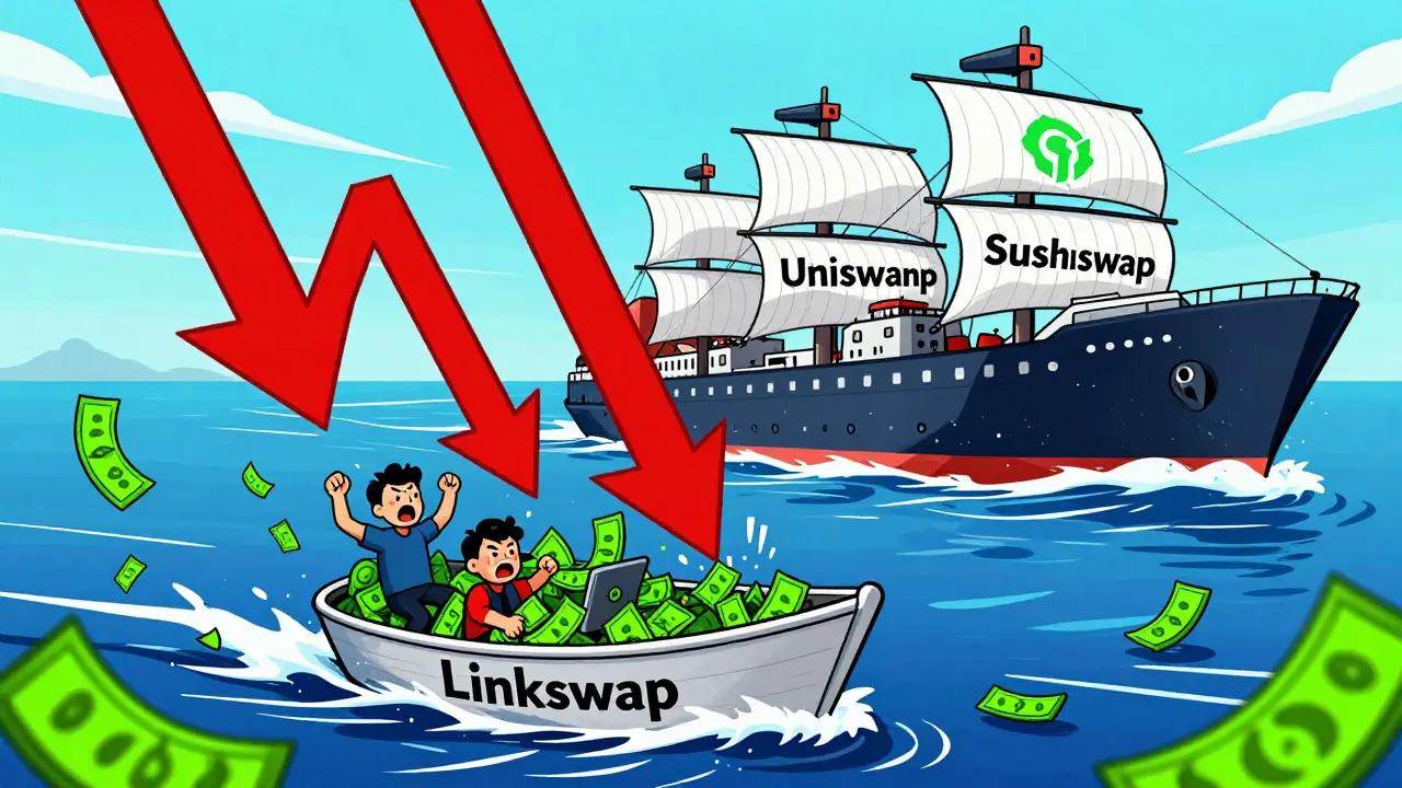Small Linkswap boat struggling against big competitors in cartoon
