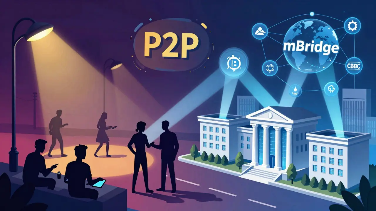 Split scene of P2P crypto trades vs state CBDC networks