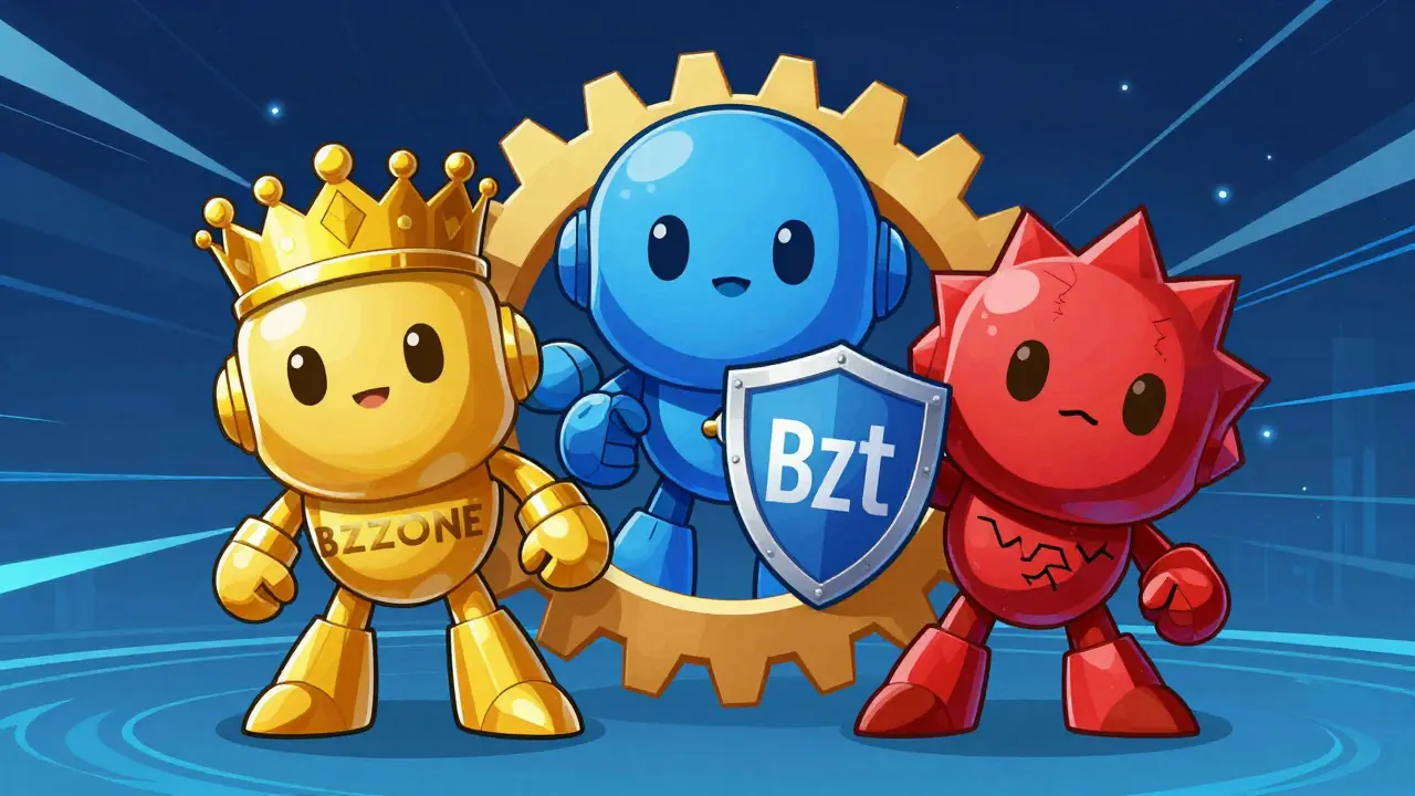 Three stylized robot characters representing Bzzone token ecosystem