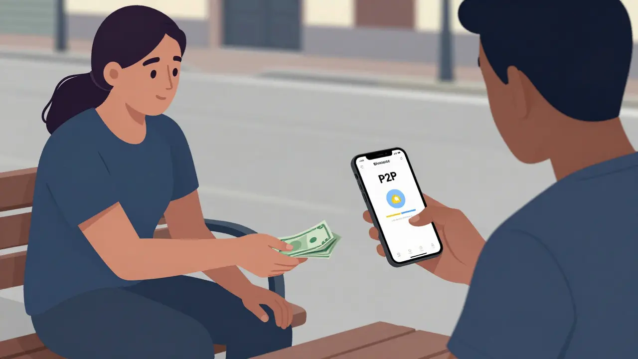 Two people exchanging cash for crypto at a P2P meetup in Caracas, using mobile apps.