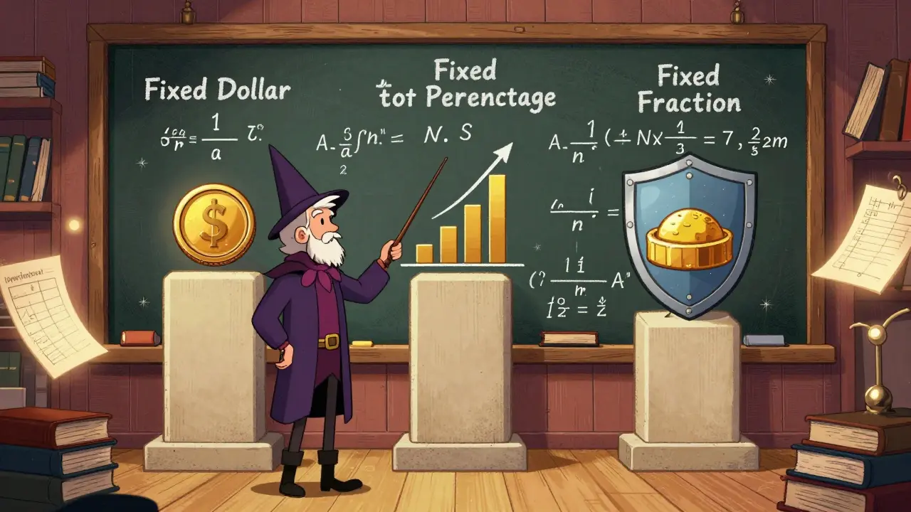 Wizard explaining position sizing methods on a chalkboard