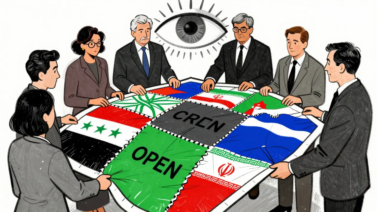 Business people holding mismatched quilt patches representing global sanctions policies.