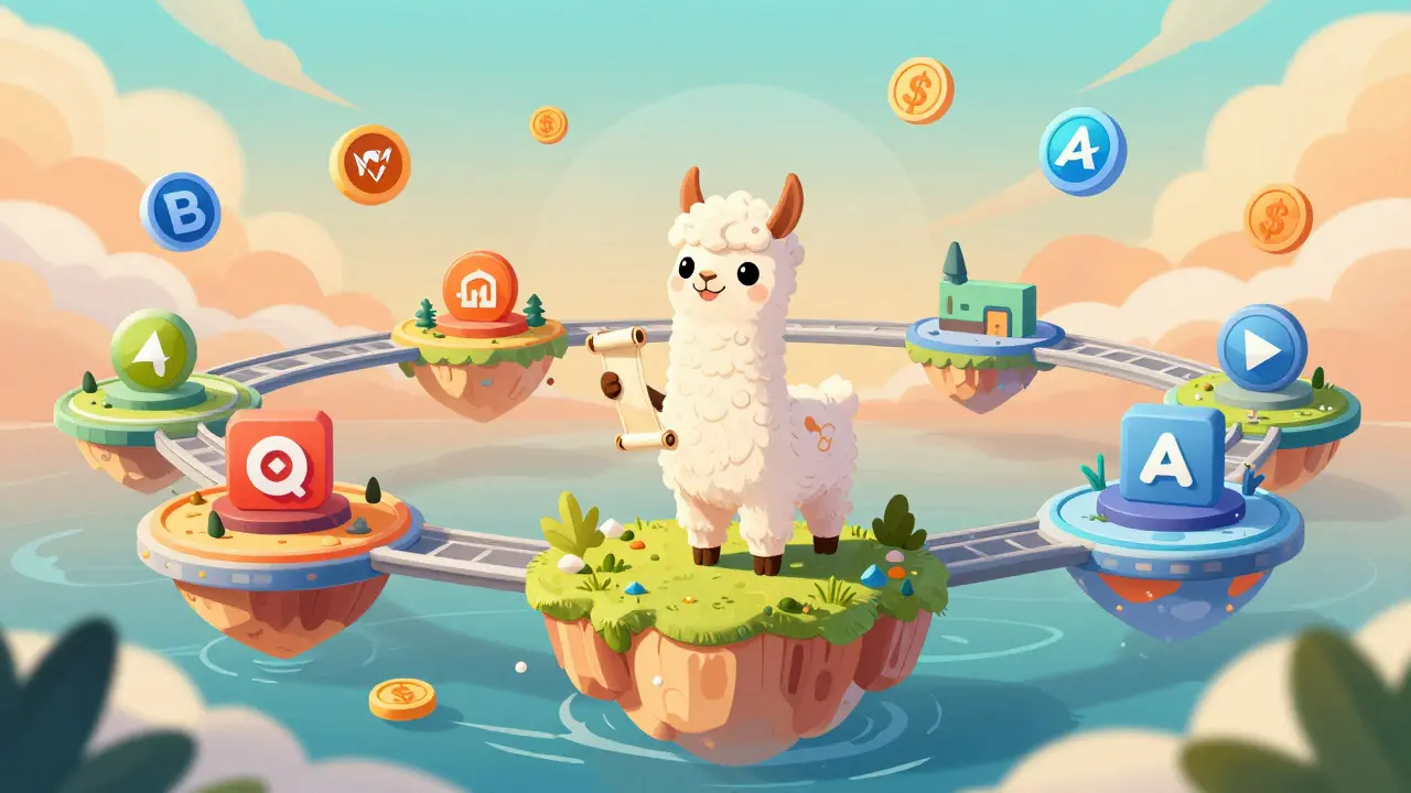 Cartoon alpaca on a blockchain bridge looking at future multi-chain expansion plans.