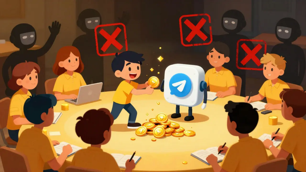 Cartoon characters earning points from Telegram bot while bots are rejected