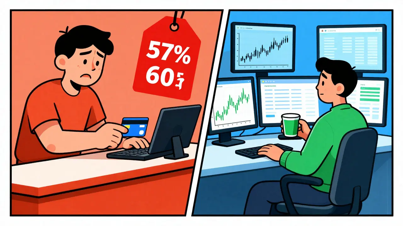 Cartoon comparing expensive card buy vs cheap exchange trade