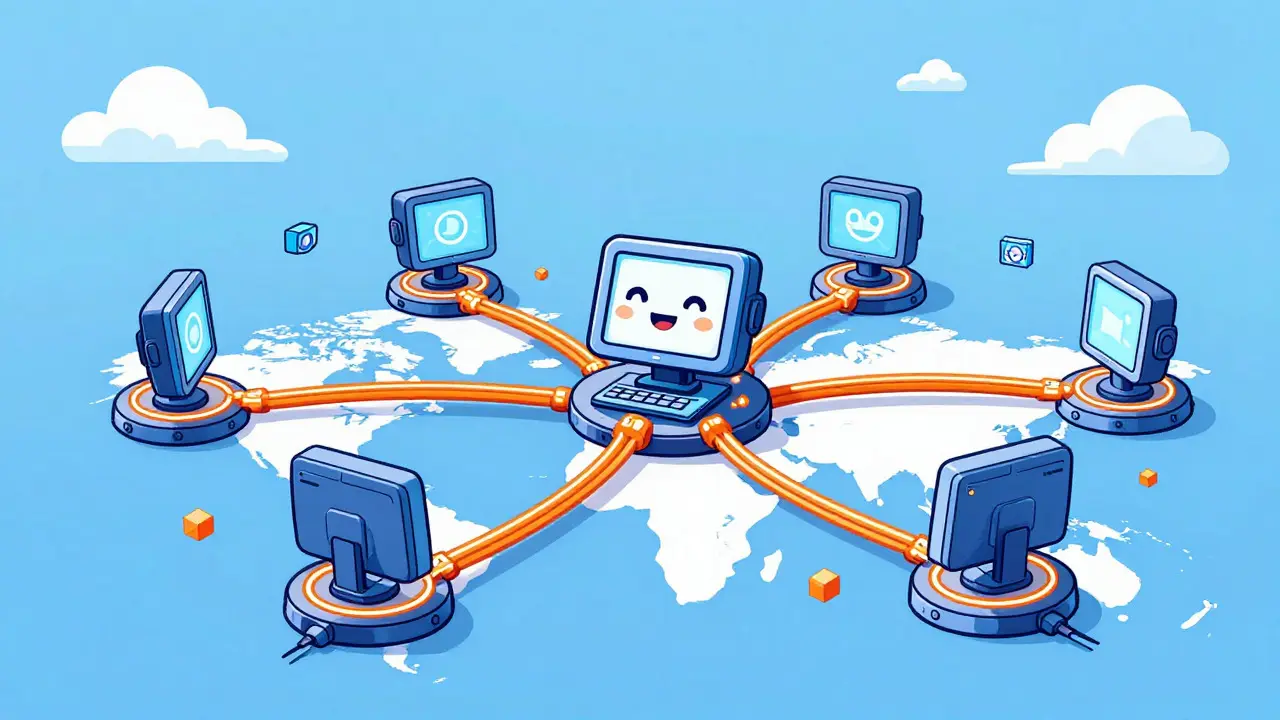 Cartoon computer connected to global network of devices via glowing cables