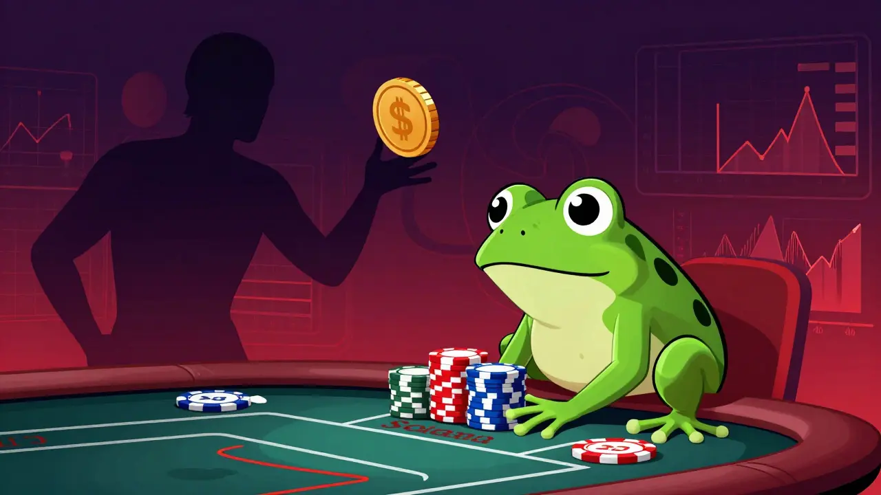 Cartoon frog gambling at a poker table representing crypto volatility