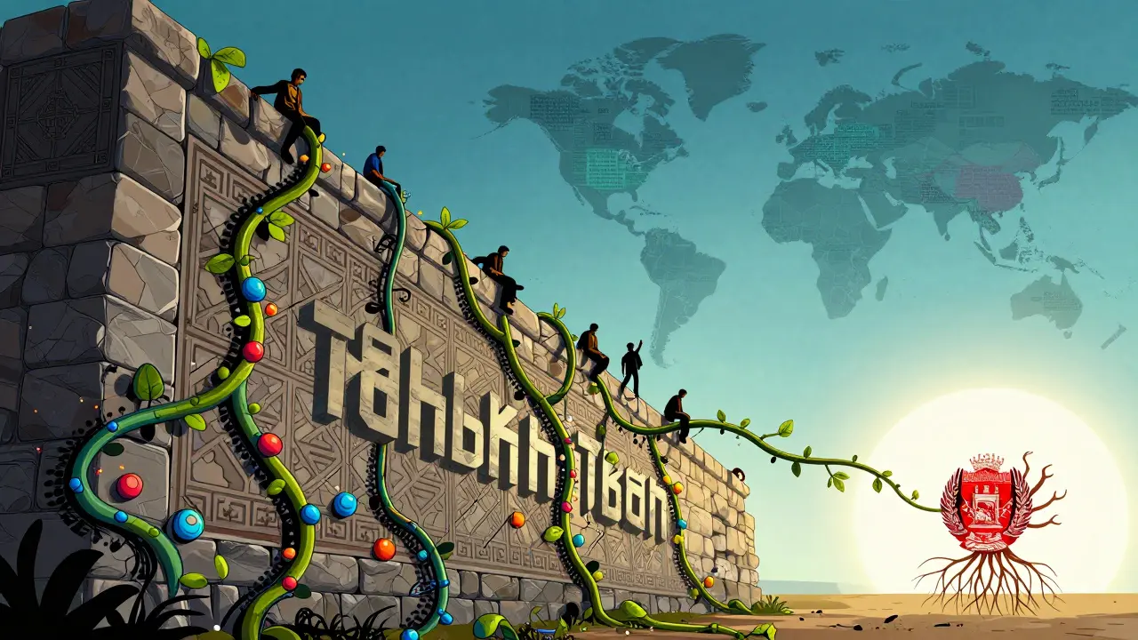 Cartoon metaphor of digital crypto vines growing through a restrictive government wall.