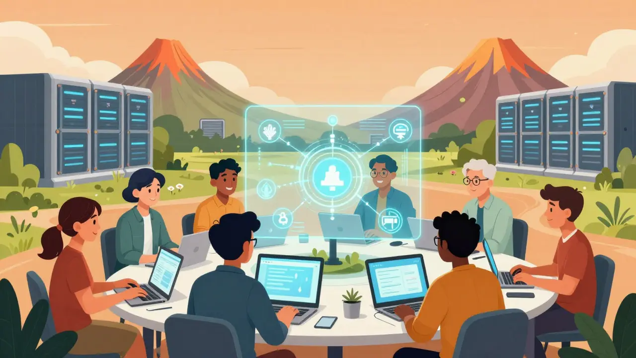 Cartoon of tech workers innovating in El Salvador's crypto hub