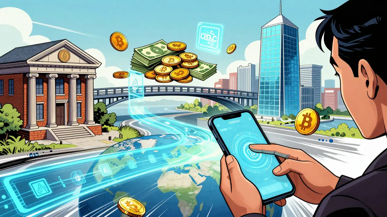 Cartoon showing hybrid finance with digital transfers and coexisting currencies