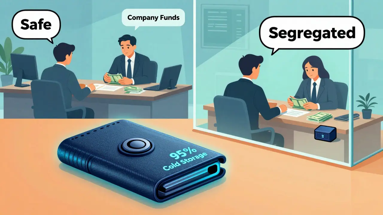 Cartoon showing segregated crypto assets in cold storage, separate from exchange company funds.