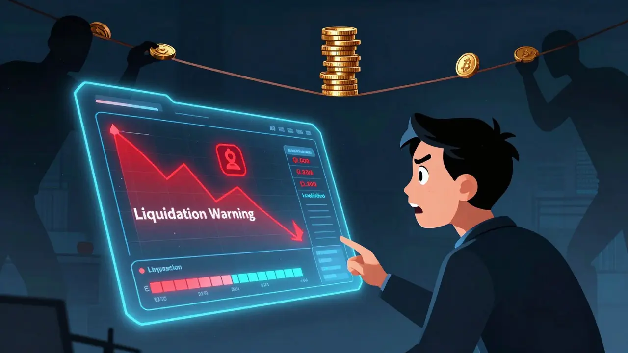 Cartoon user watching a red liquidation warning on a holographic DeFi dashboard.