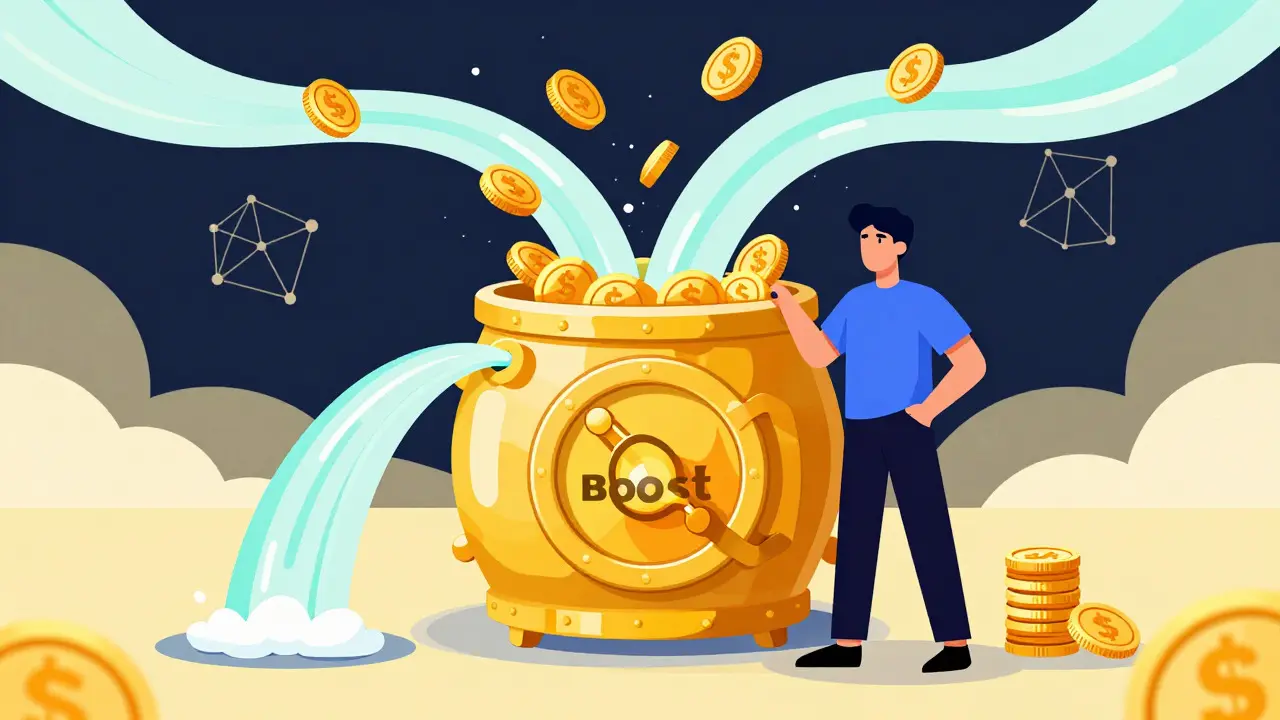 Character boosting yields with flowing coins entering a golden vault