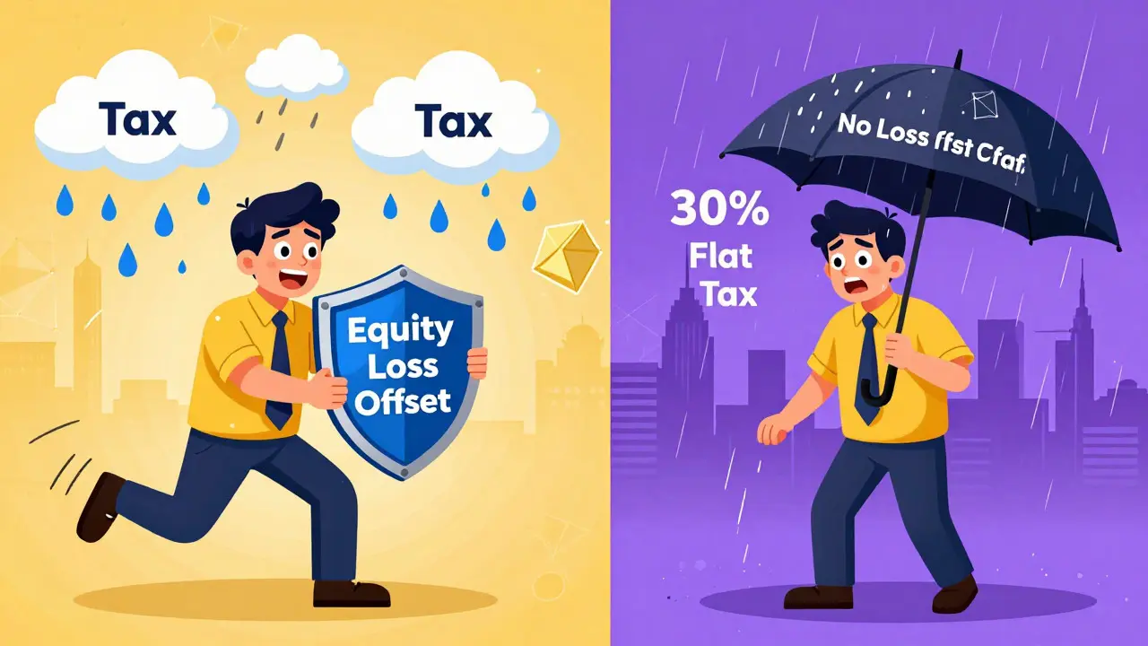 Comic comparing equity loss protection vs crypto tax burden