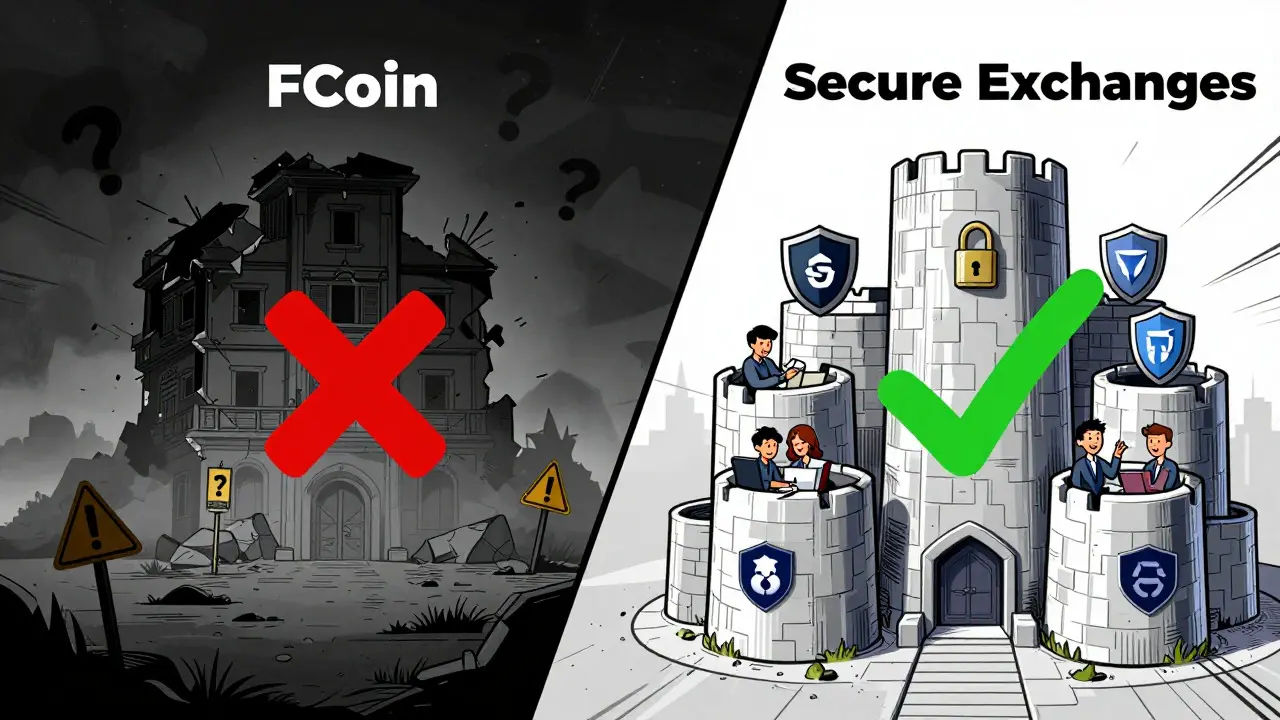 Comic comparison of risky FCoin versus secure alternative exchanges