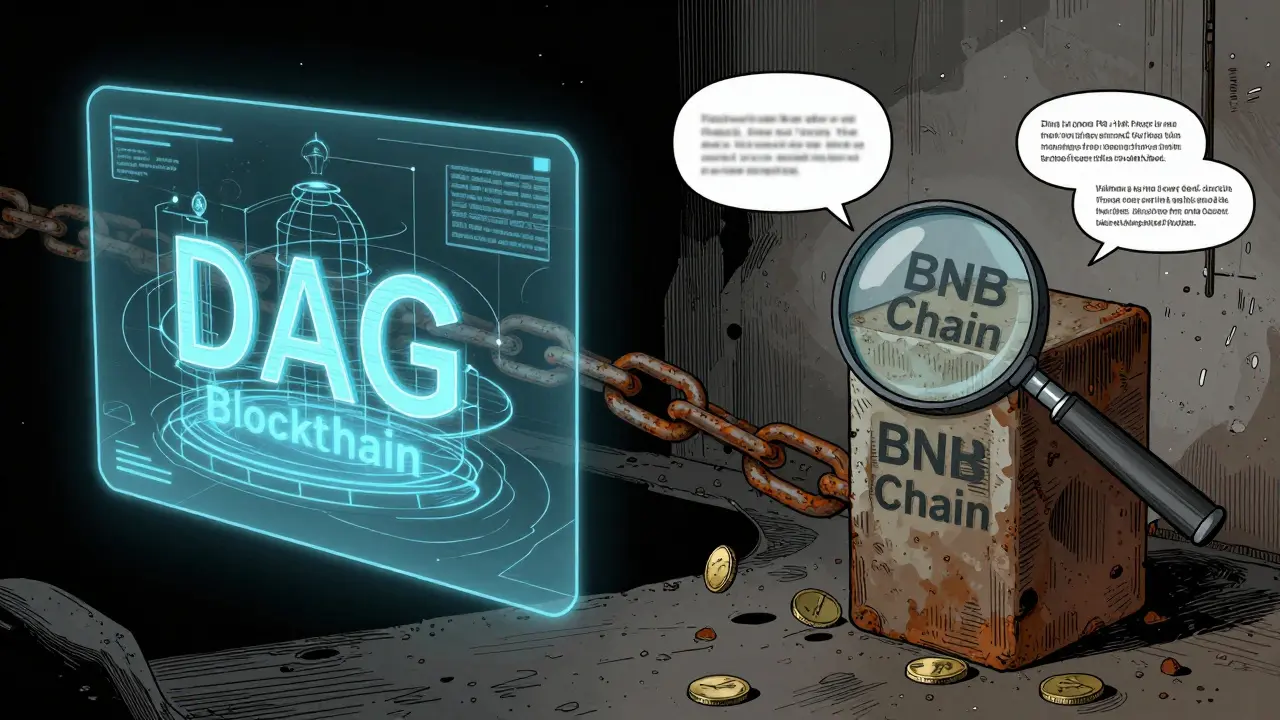 Comic illustration contrasting blockchain hype with BNB chain reality