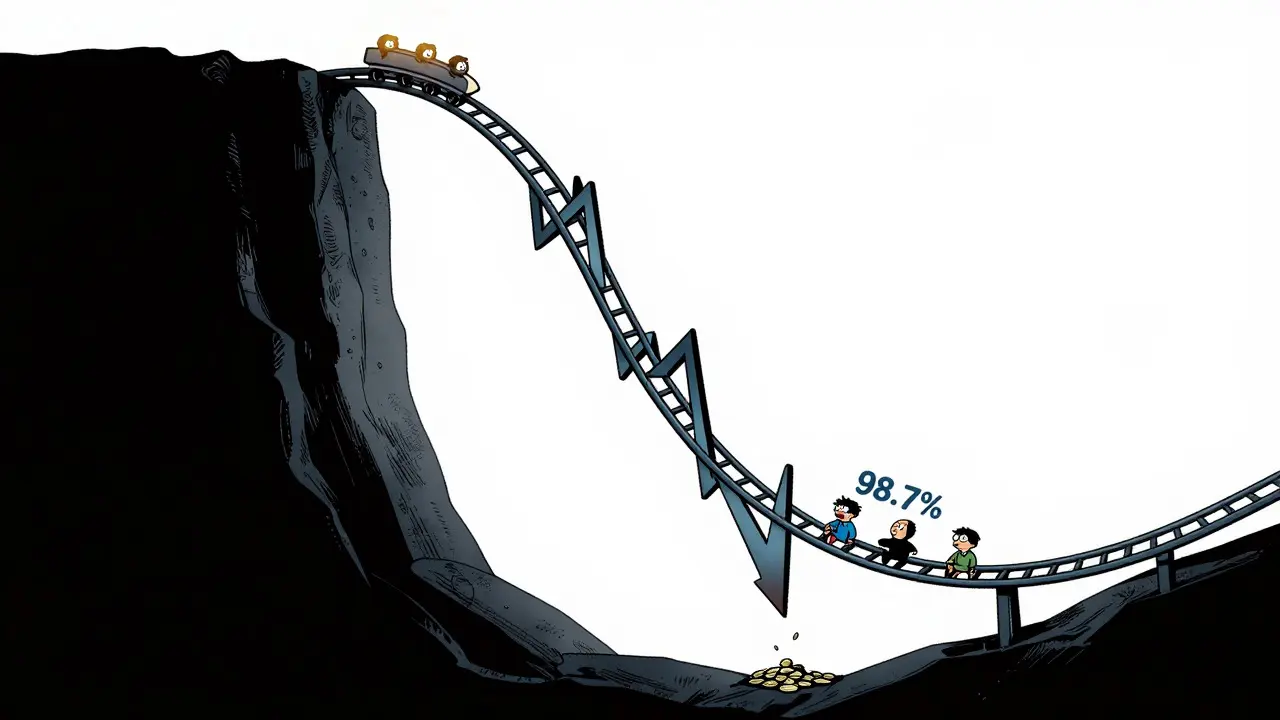 Comic illustration of a steep price crash rollercoaster for EVAN token