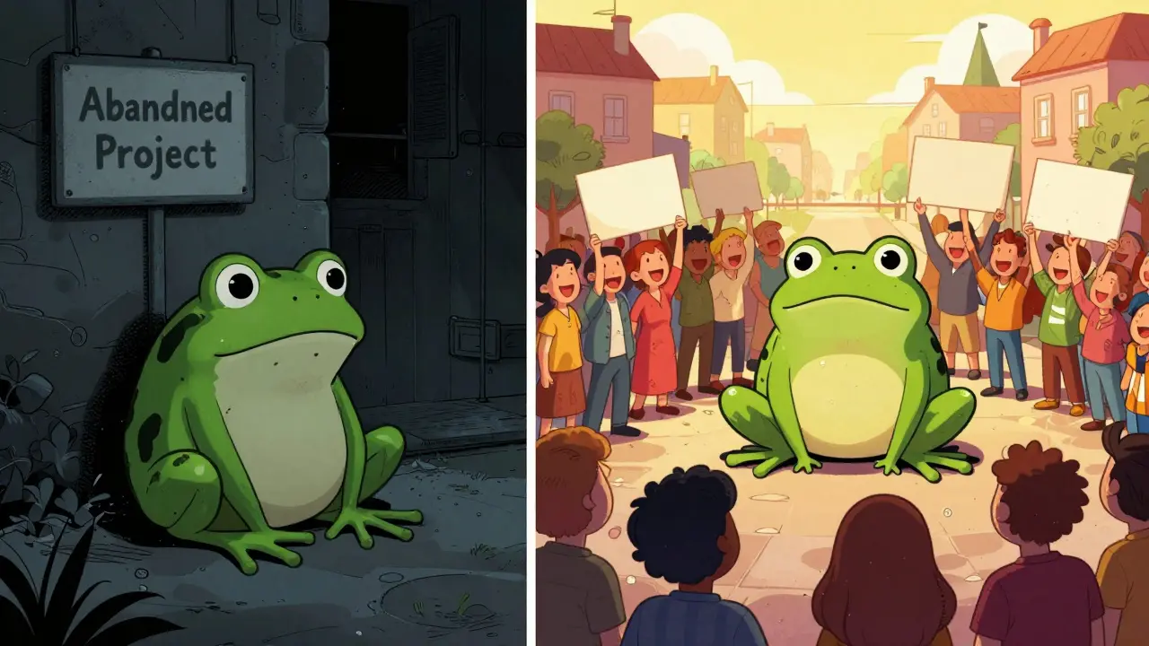 Comic panel showing frog's journey from abandoned project to community success