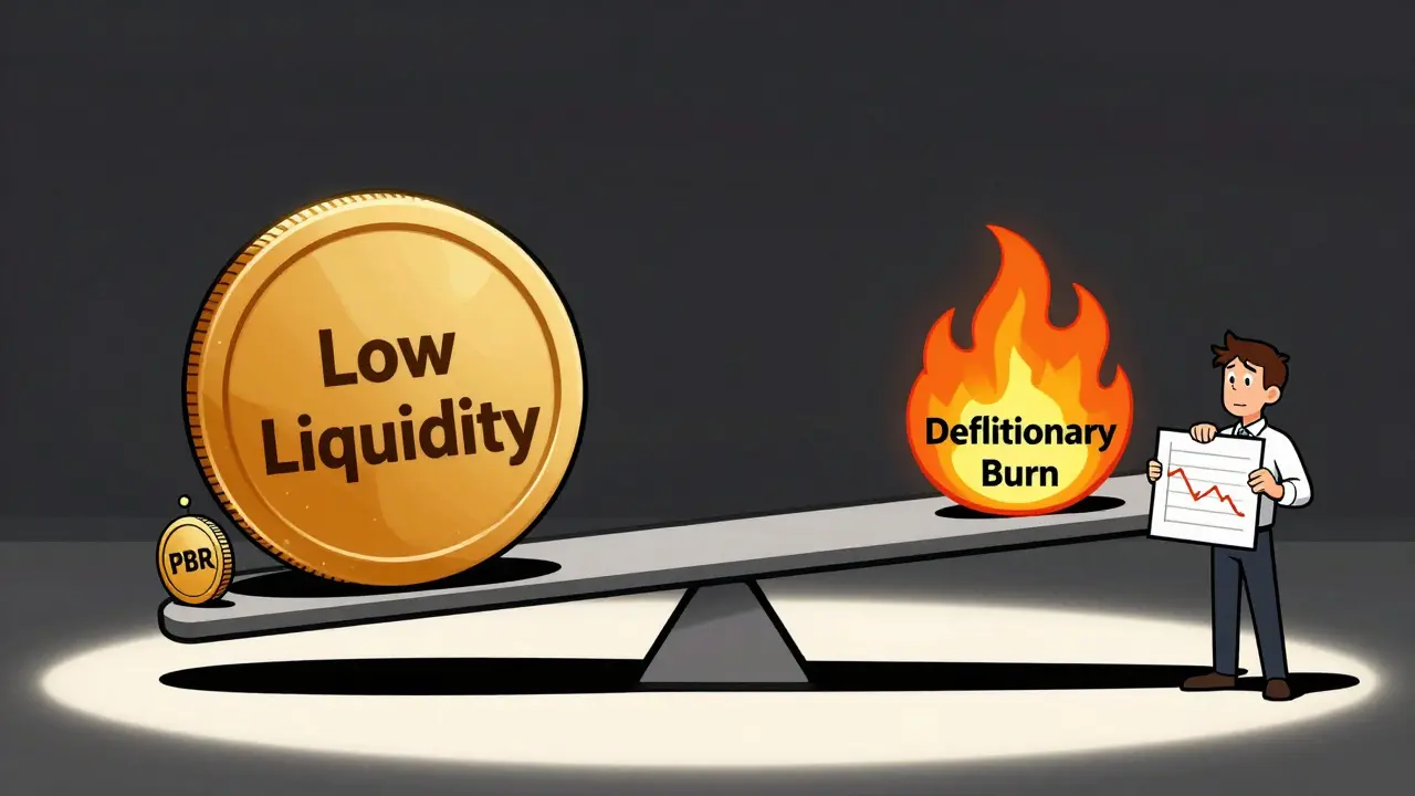 Comic style balance scale showing low liquidity weighing down a small coin