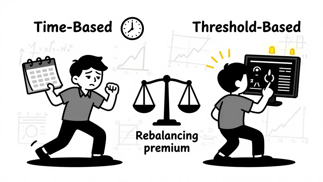 Comic style comparison of time-based vs threshold-based rebalancing strategies.