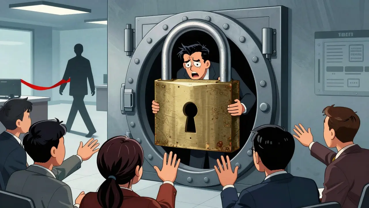 Comic style illustration of frozen funds and bank lockout