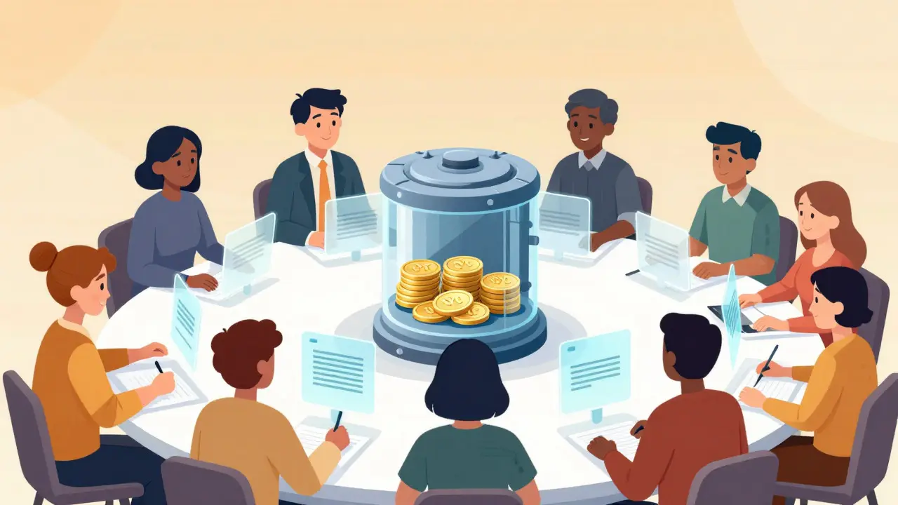 DAO members voting around a table with transparent token distribution