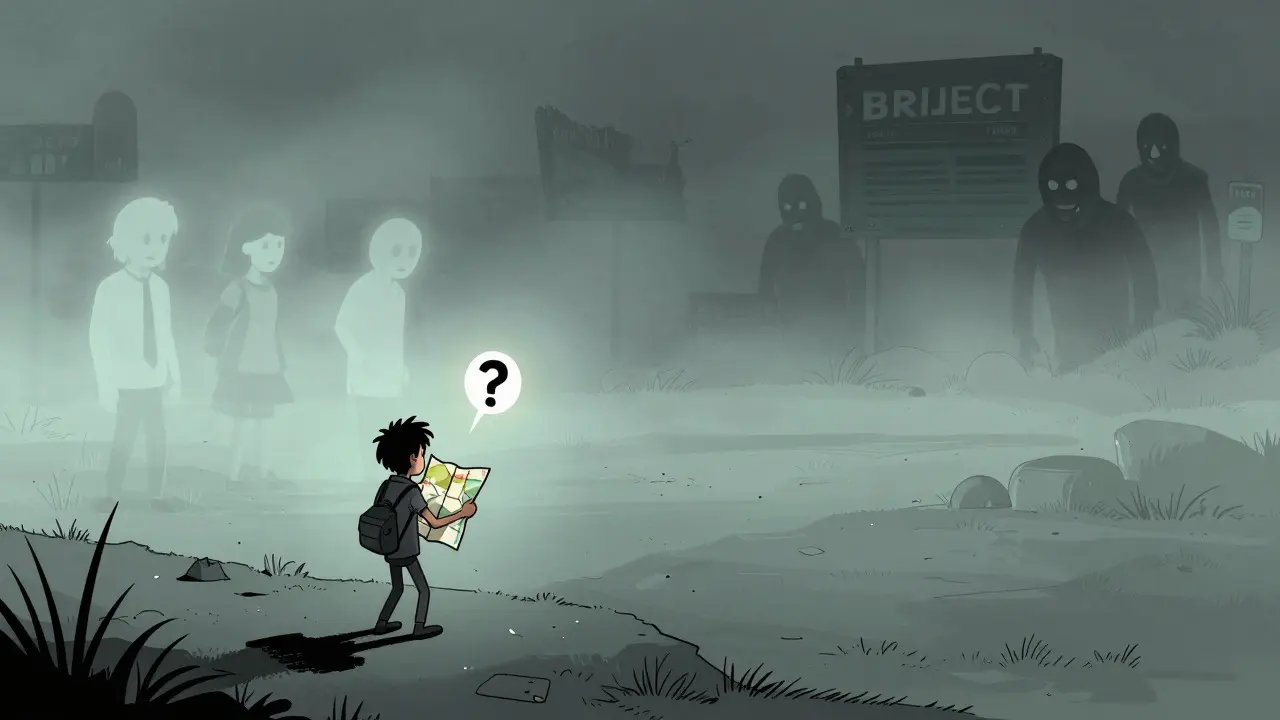 Desolate digital landscape with fading users and lurking scammers