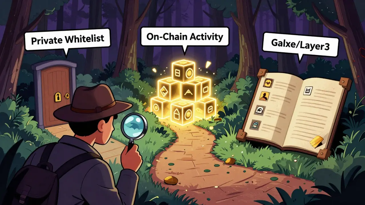Detective character choosing between whitelist, on-chain, and quest paths