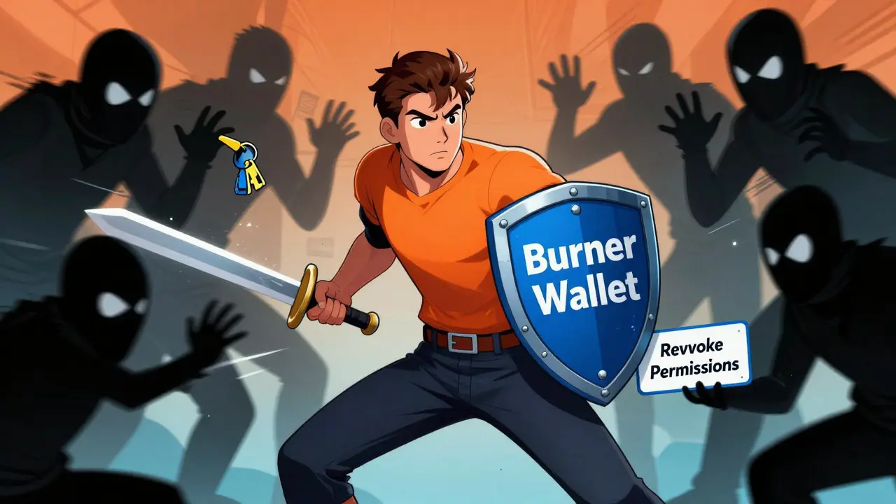 Heroic user defending wallet from scammers using burner wallet shield