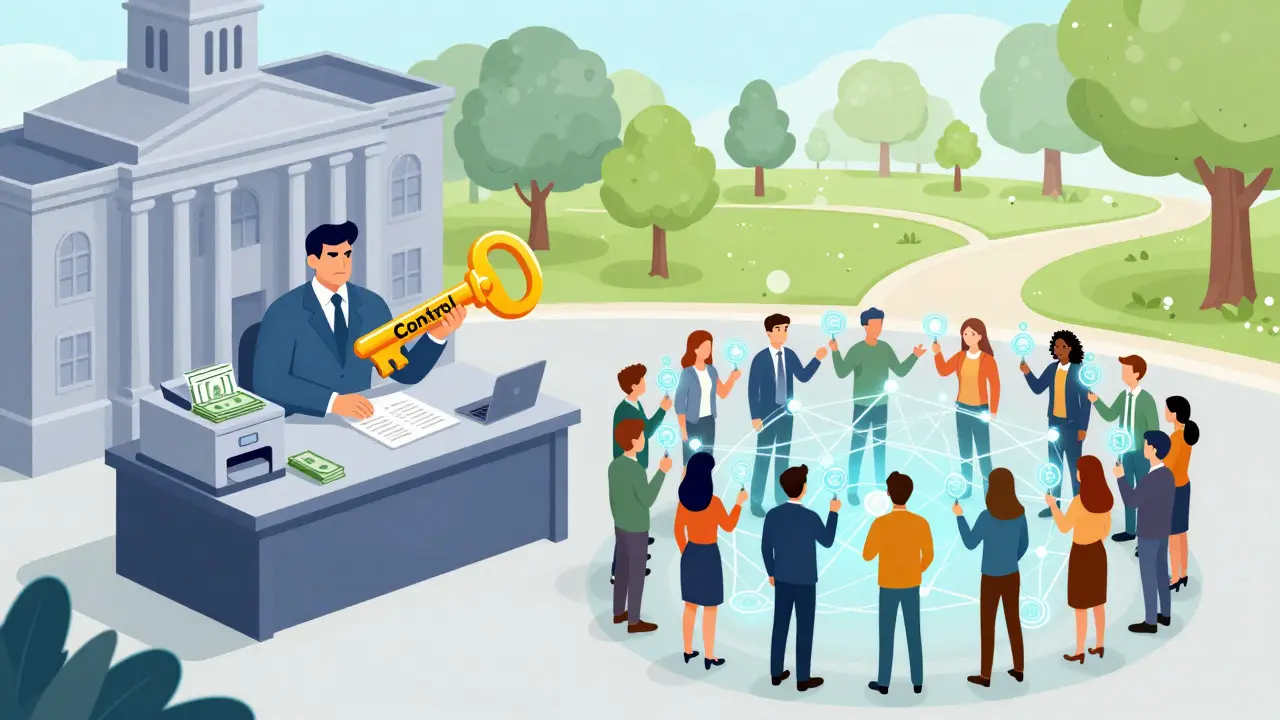 Illustration contrasting a central bank with a decentralized crypto network