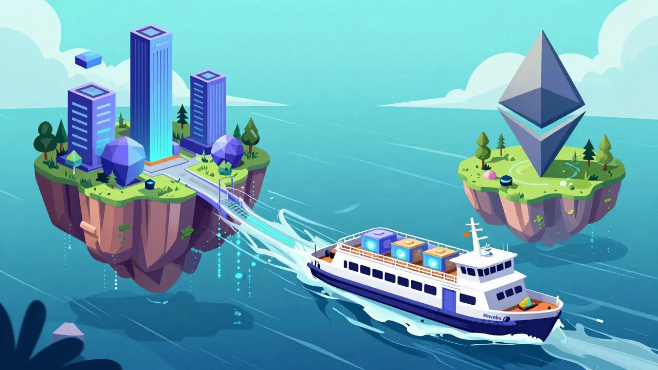 Illustration of a digital ferry connecting Polkadot and Ethereum blockchains