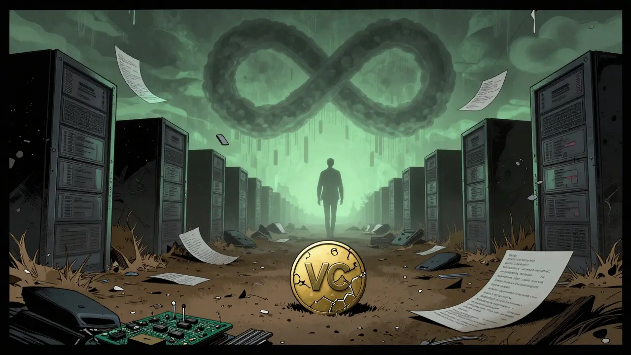 Illustration of abandoned crypto project with cracked token and fog